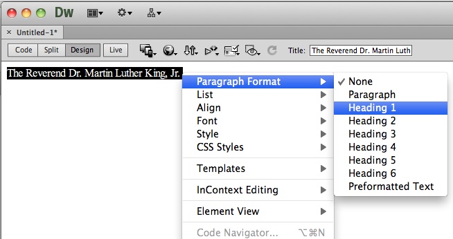 Screenshot:  right click, heading 1