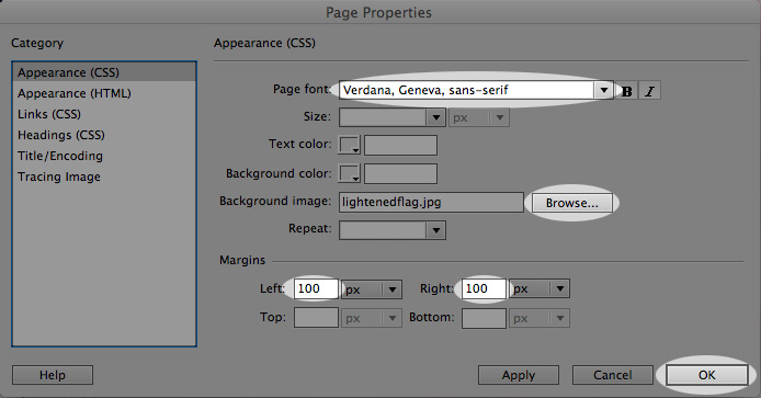 set page properties